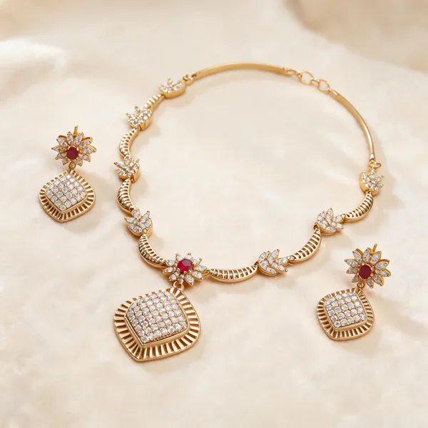 Gold_Toned_Floral_Necklace_And_Earrings_Set_For_Women_Traditional_For_Festive