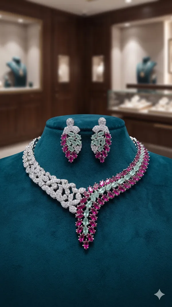 Silver_Tone_Pink_And_Mint_Stone_Necklace_And_Earrings_Set