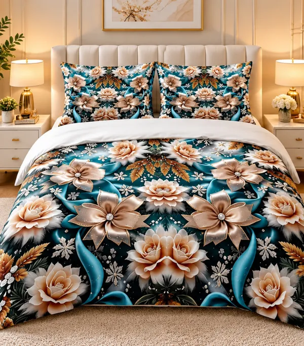 Micro_Fiber_Digital_Teal_Floral_Botanical_Print_Bedsheet_With_Pillow_Covers