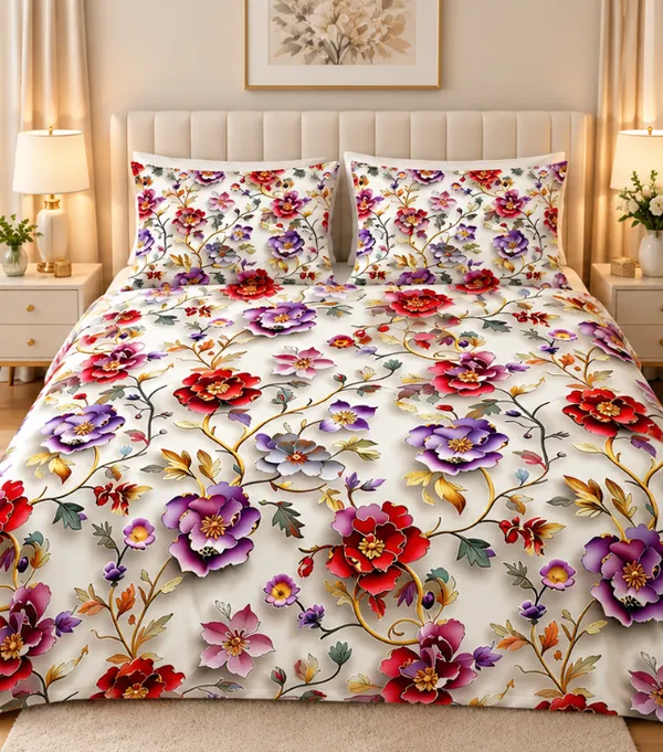 Micro_Fiber_Digital_Red_Purple_Botanical_Floral_Print_Bedsheet_With_Pillow_Covers