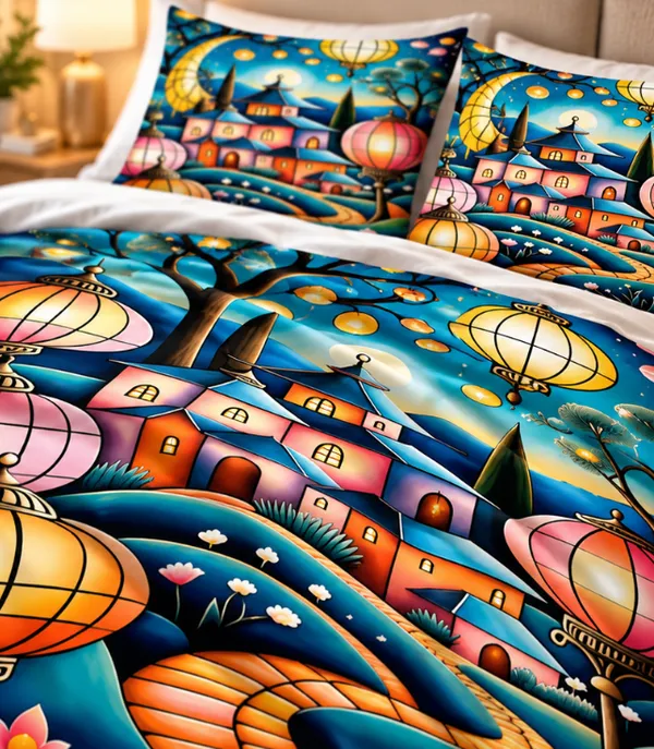 Microfiber_Scenic_Lantern_Village_Digital_Print_Bedsheet_With_Pillow_Covers