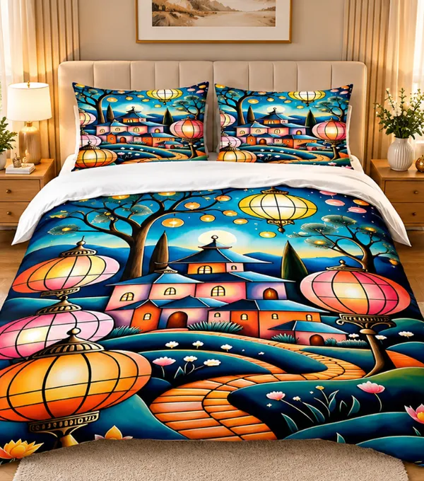 Microfiber_Scenic_Lantern_Village_Digital_Print_Bedsheet_With_Pillow_Covers