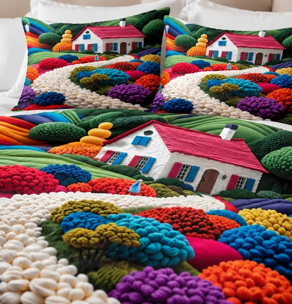 Microfiber_Scenic_Cottage_Garden_Landscape_Print_Bedsheet_With_Pillow_Covers