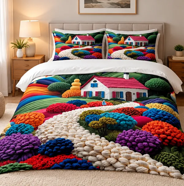 Microfiber_Scenic_Cottage_Garden_Landscape_Print_Bedsheet_With_Pillow_Covers