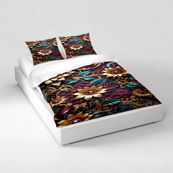 Microfiber_Ornate_Floral_Burgundy_Teal_Digital_Print_Bedsheet_With_Pillow_Covers