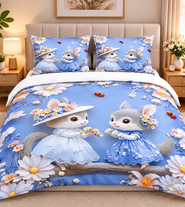 Microfiber_Blue_Floral_Rabbit_Butterfly_Print_Bedsheet_With_Pillow_Covers