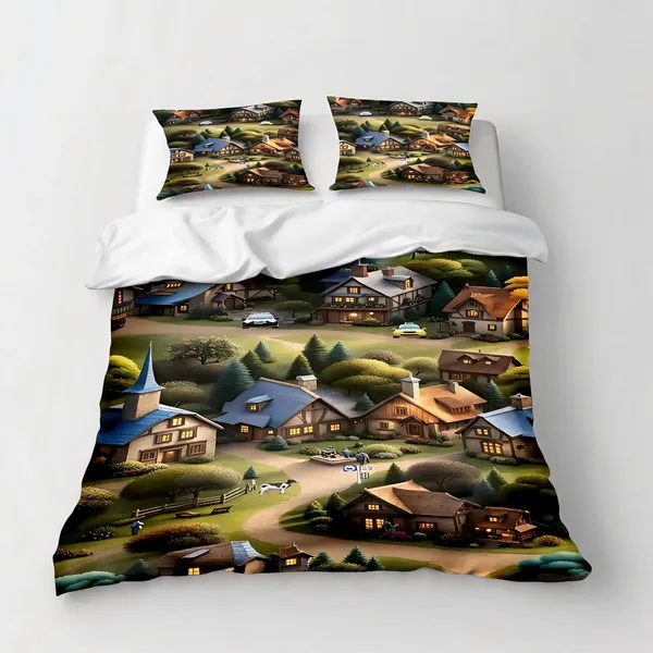 Micro_Fiber_Digital_Scenic_Village_Landscape_Print_Bedsheet_With_Pillow_Covers