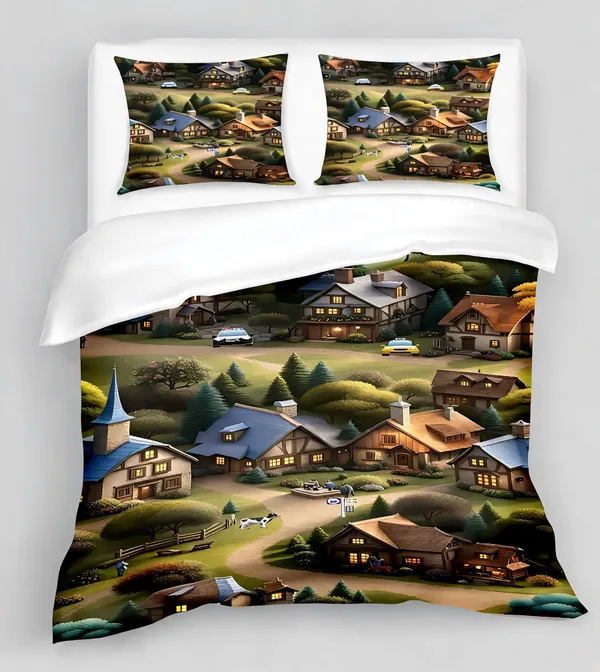 Micro_Fiber_Digital_Scenic_Village_Landscape_Print_Bedsheet_With_Pillow_Covers