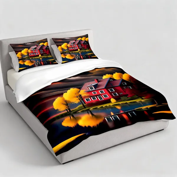 Microfiber_Scenic_House_Lake_Reflection_Print_Bedsheet_With_Pillow_Covers