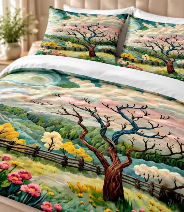 Micro_Fiber_Digital_Flowering_Tree_Scenic_Landscape_Print_Bedsheet_With_Pillow_Covers
