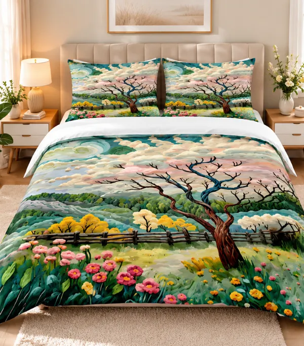 Micro_Fiber_Digital_Flowering_Tree_Scenic_Landscape_Print_Bedsheet_With_Pillow_Covers