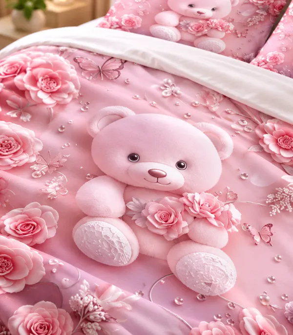 Microfiber_Pink_Teddy_Bear_Floral_Digital_Print_Bedsheet_With_Pillow_Covers