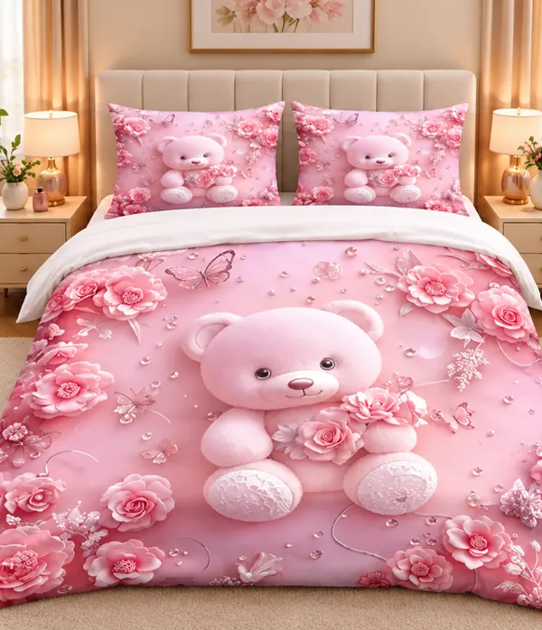 Microfiber_Pink_Teddy_Bear_Floral_Digital_Print_Bedsheet_With_Pillow_Covers