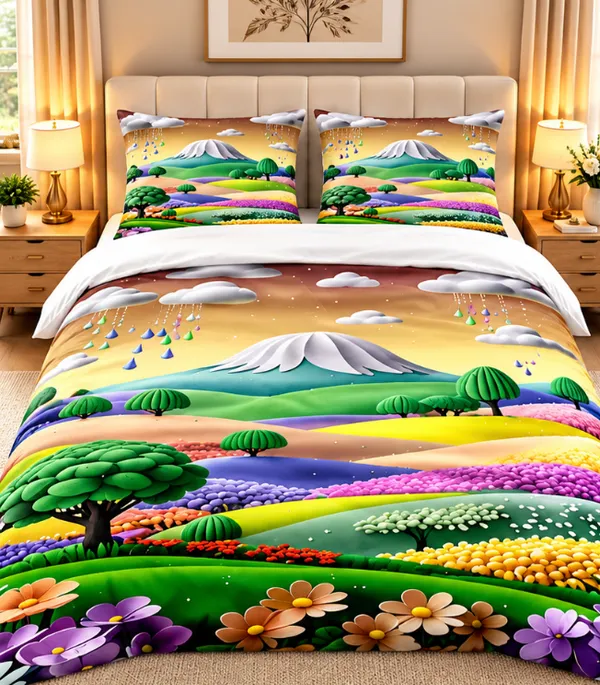 Microfiber_Mountain_Meadow_Landscape_Digital_Print_Bedsheet_With_Pillow_Covers