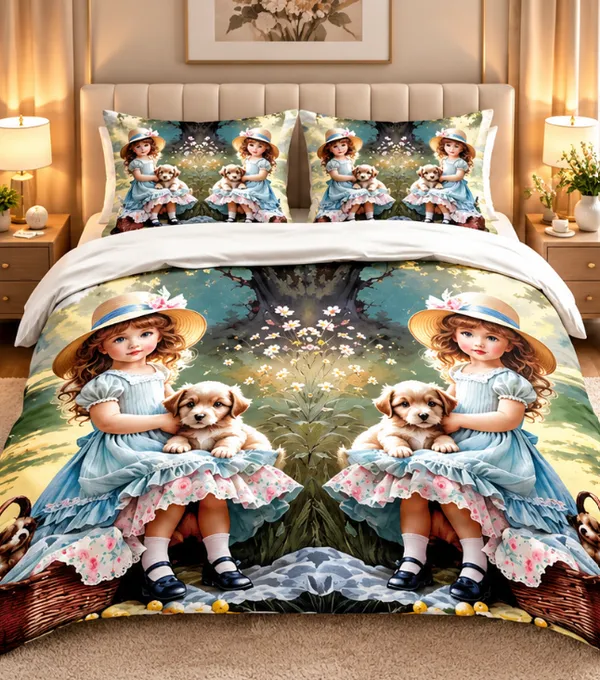 Microfiber_Girls_Puppies_Garden_Digital_Print_Bedsheet_With_Pillow_Covers