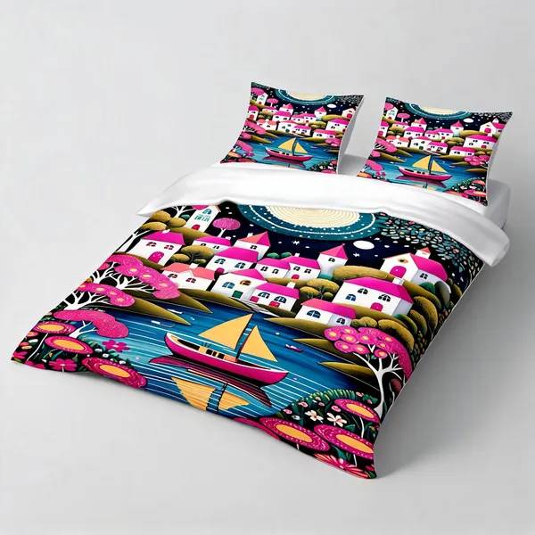 Microfiber_Scenic_Moonlit_Village_Digital_Print_Bedsheet_With_Pillow_Covers