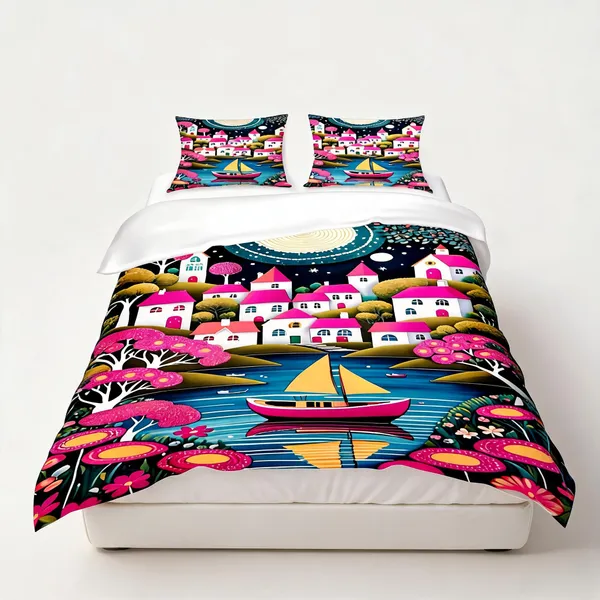 Microfiber_Scenic_Moonlit_Village_Digital_Print_Bedsheet_With_Pillow_Covers