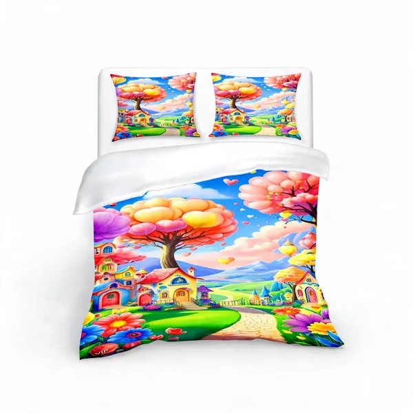 Micro_Fiber_Digital_Floral_Landscape_Blooming_Tree_Print_Bedsheet_With_Pillow_Covers