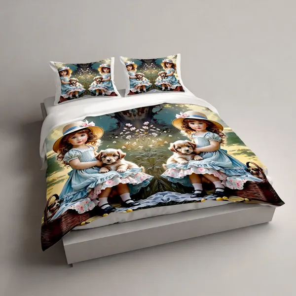 Microfiber_Girls_Puppies_Garden_Digital_Print_Bedsheet_With_Pillow_Covers
