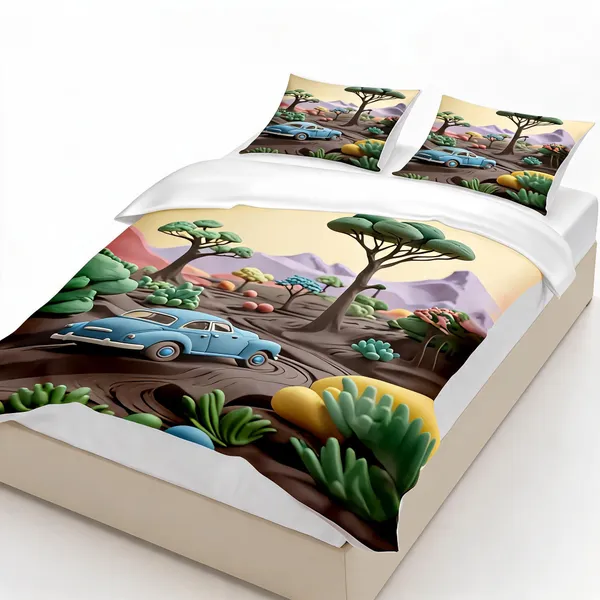 Micro_Fiber_Digital_Vintage_Car_Scenic_Landscape_Print_Bedsheet_With_Pillow_Covers