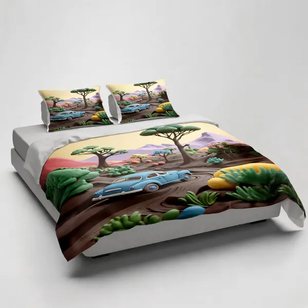 Micro_Fiber_Digital_Vintage_Car_Scenic_Landscape_Print_Bedsheet_With_Pillow_Covers