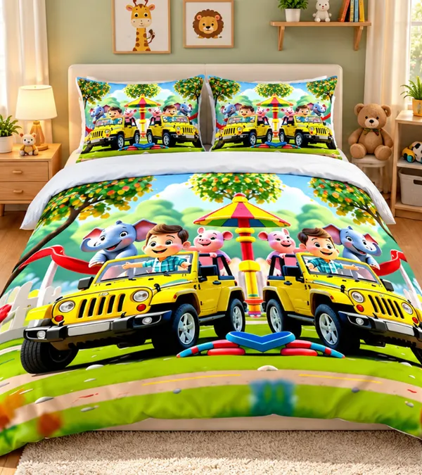 Micro_Fiber_Digital_Kids_Cartoon_Jeep_Scene_Print_Bedsheet_With_Pillow_Covers