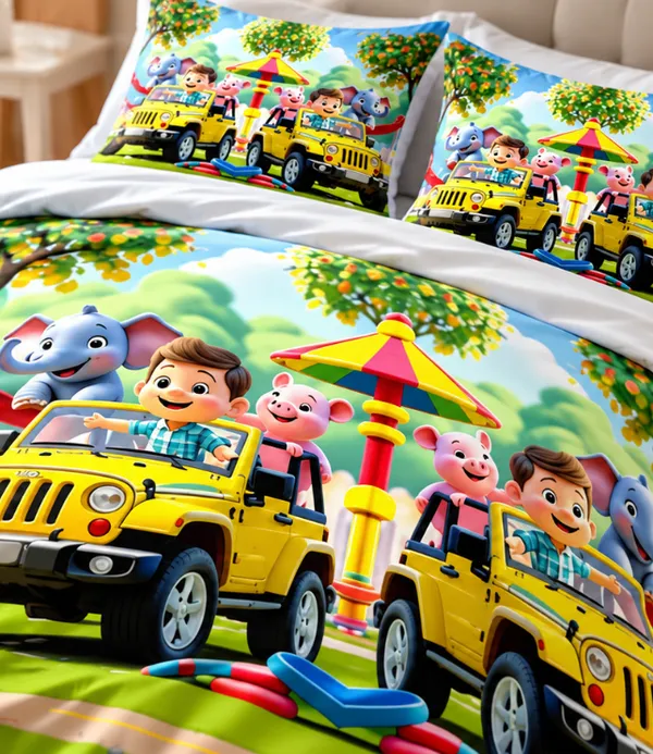 Micro_Fiber_Digital_Kids_Cartoon_Jeep_Scene_Print_Bedsheet_With_Pillow_Covers
