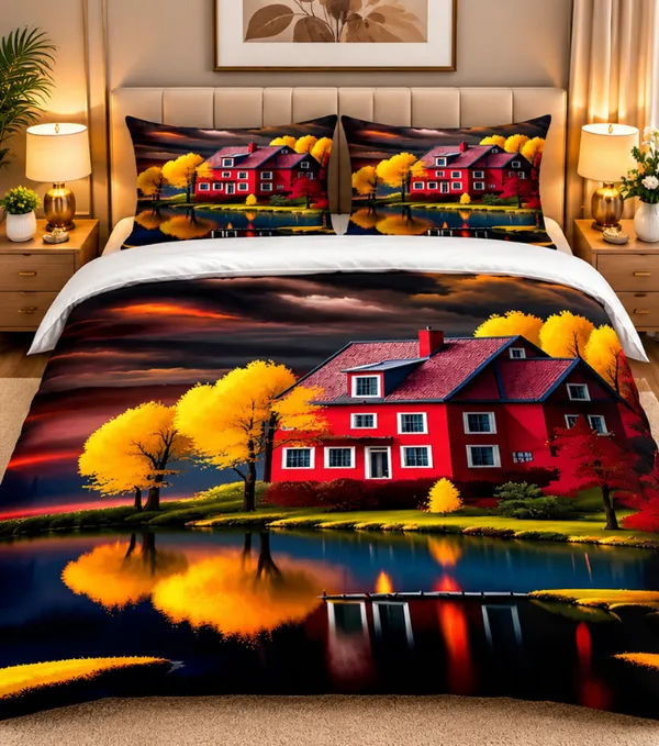 Microfiber_Red_Lakeside_House_Scenic_Digital_Print_Bedsheet_With_Pillow_Covers