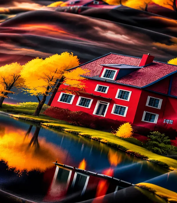 Microfiber_Red_Lakeside_House_Scenic_Digital_Print_Bedsheet_With_Pillow_Covers