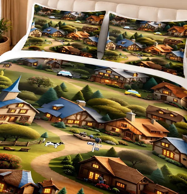 Micro_Fiber_Digital_Scenic_Village_Landscape_Print_Bedsheet_With_Pillow_Covers