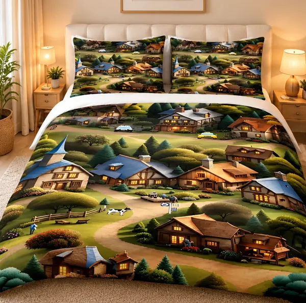 Micro_Fiber_Digital_Scenic_Village_Landscape_Print_Bedsheet_With_Pillow_Covers