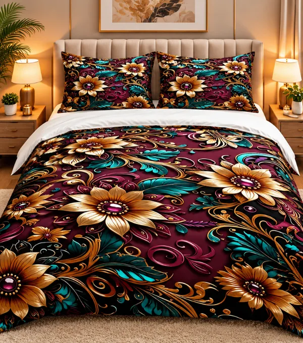 Microfiber_Ornate_Floral_Burgundy_Teal_Digital_Print_Bedsheet_With_Pillow_Covers