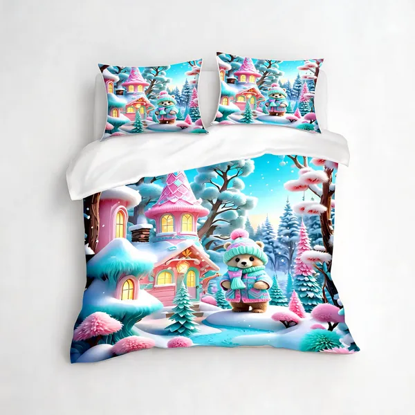 Micro_Fiber_Digital_Winter_Wonderland_Snowy_Village_Print_Bedsheet_With_Pillow_Covers