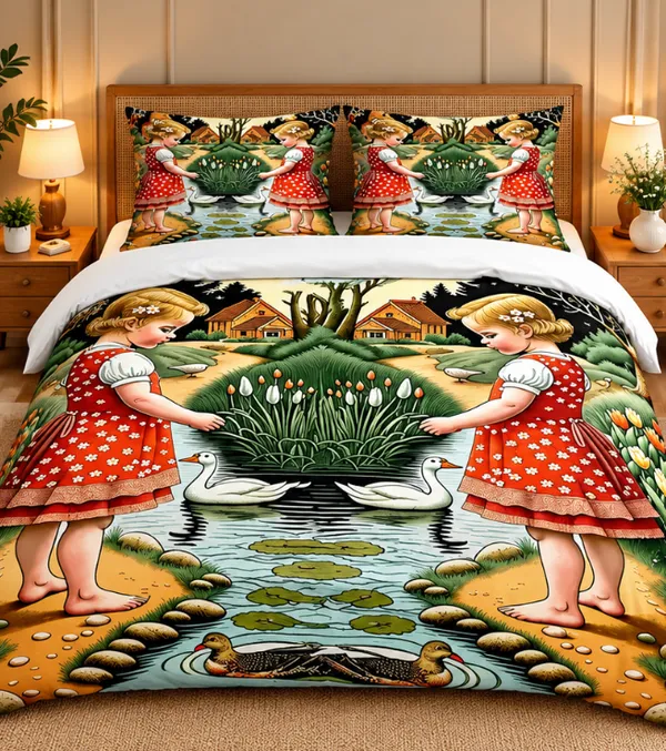 Microfiber_Storybook_Garden_Pond_Scenic_Print_Bedsheet_With_Pillow_Covers