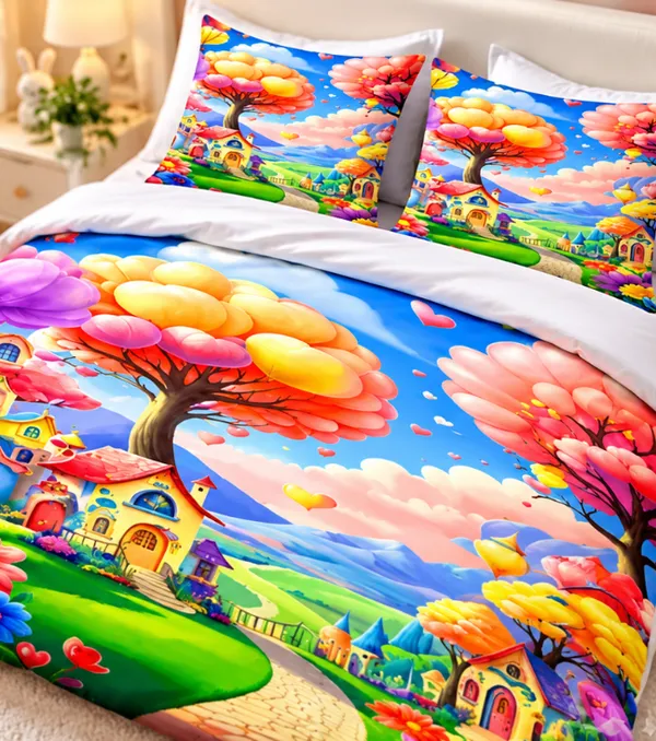 Micro_Fiber_Digital_Floral_Landscape_Blooming_Tree_Print_Bedsheet_With_Pillow_Covers