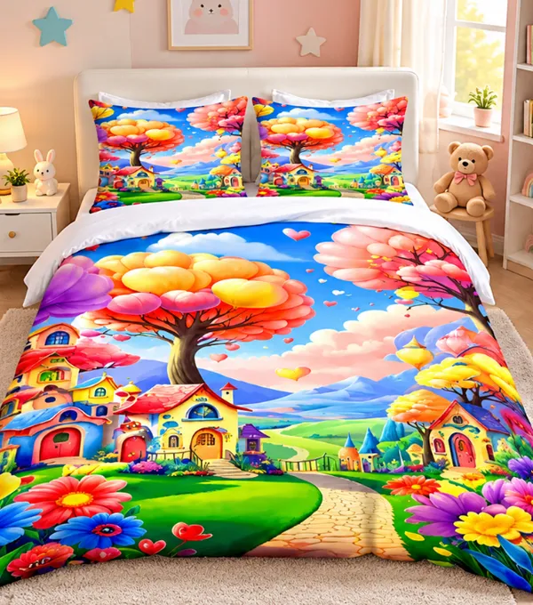 Micro_Fiber_Digital_Floral_Landscape_Blooming_Tree_Print_Bedsheet_With_Pillow_Covers