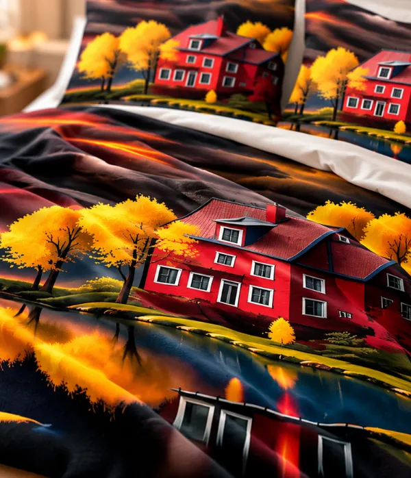Microfiber_Scenic_House_Lake_Reflection_Print_Bedsheet_With_Pillow_Covers