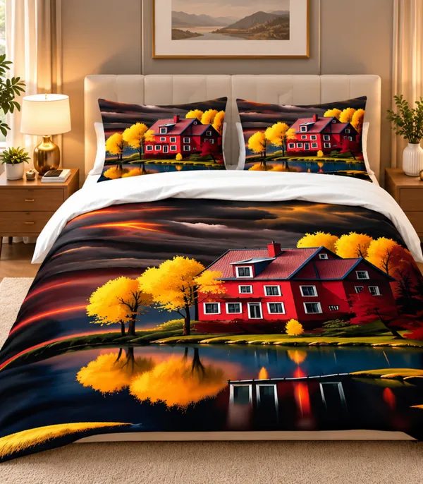 Microfiber_Scenic_House_Lake_Reflection_Print_Bedsheet_With_Pillow_Covers