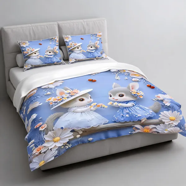 Microfiber_Blue_Floral_Rabbit_Butterfly_Print_Bedsheet_With_Pillow_Covers