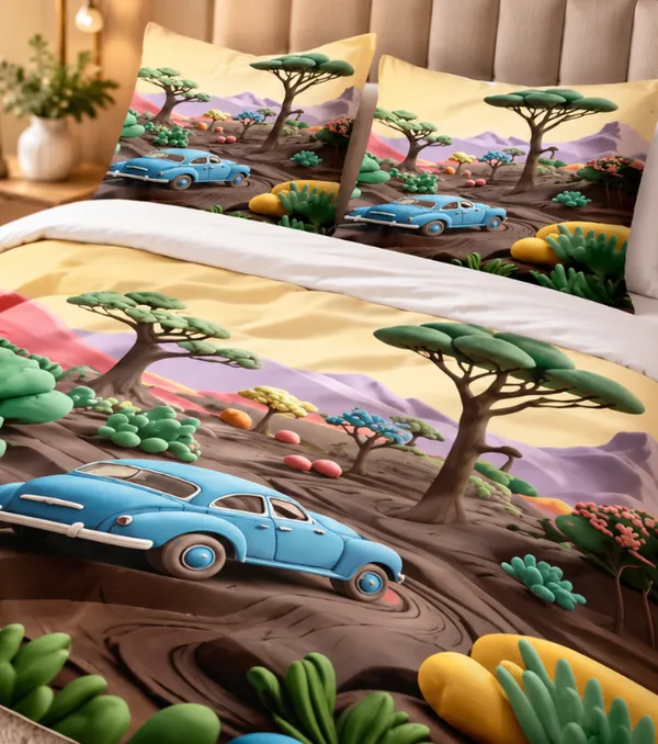 Micro_Fiber_Digital_Vintage_Car_Scenic_Landscape_Print_Bedsheet_With_Pillow_Covers