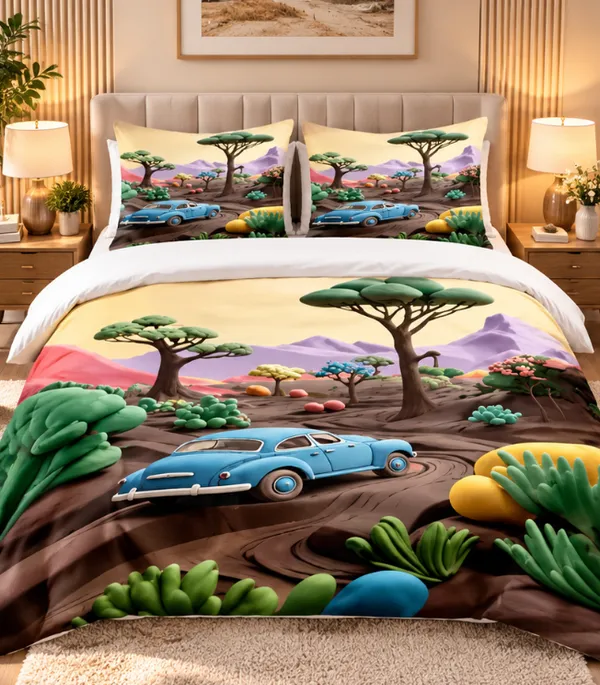 Micro_Fiber_Digital_Vintage_Car_Scenic_Landscape_Print_Bedsheet_With_Pillow_Covers