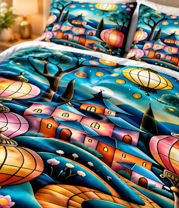 Microfiber_Scenic_Village_Lantern_Digital_Print_Bedsheet_With_Pillow_Covers