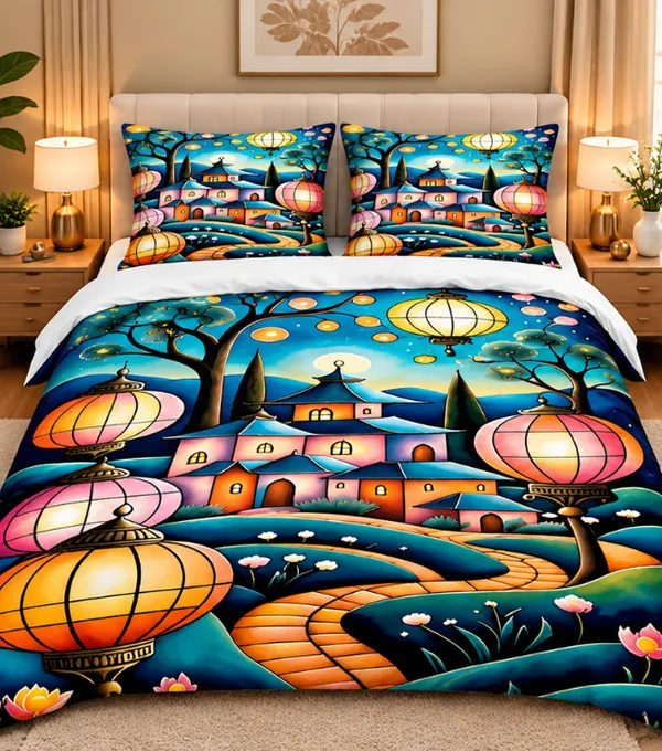 Microfiber_Scenic_Village_Lantern_Digital_Print_Bedsheet_With_Pillow_Covers