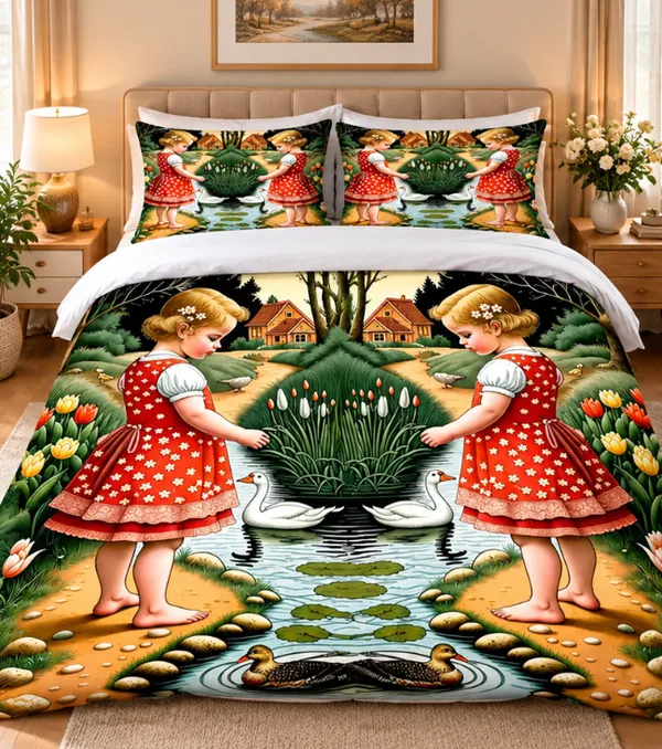 Micro_Fiber_Digital_Storybook_Girls_Duck_Pond_Print_Bedsheet_With_Pillow_Covers