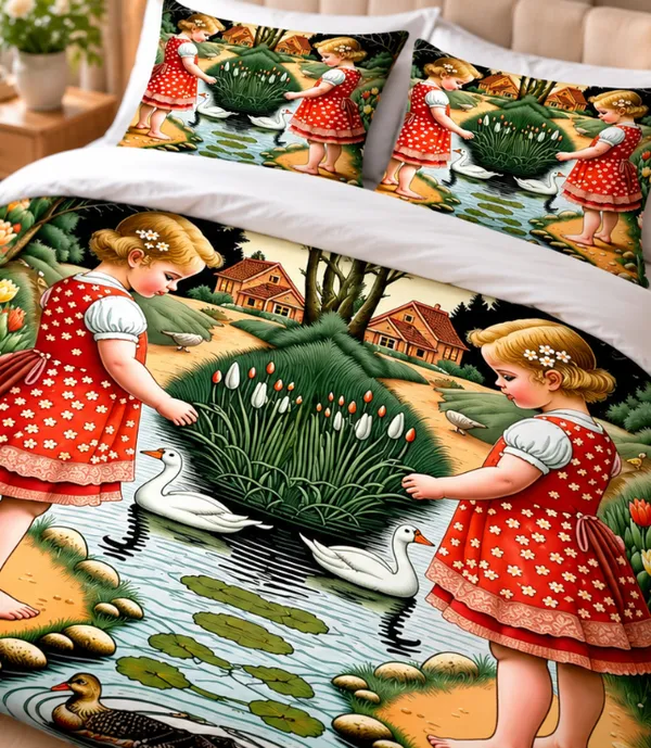 Micro_Fiber_Digital_Storybook_Girls_Duck_Pond_Print_Bedsheet_With_Pillow_Covers