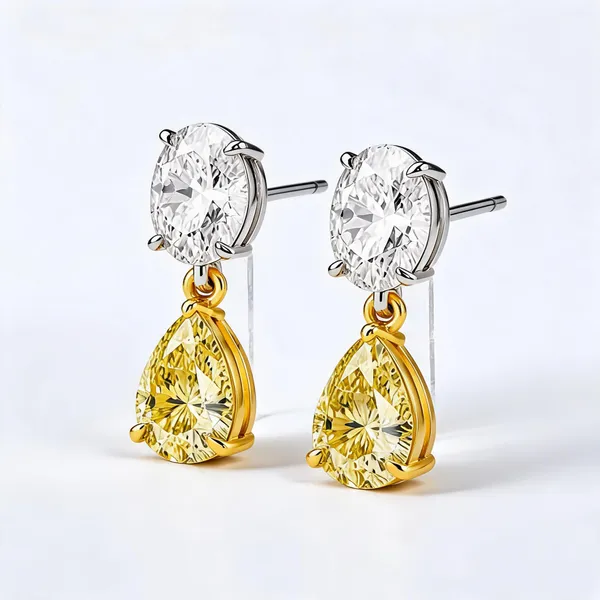 Gold_Sterling_Silver_Two_Tone_Yellow_Cz_Pear_Dangle_Earrings_For_Women