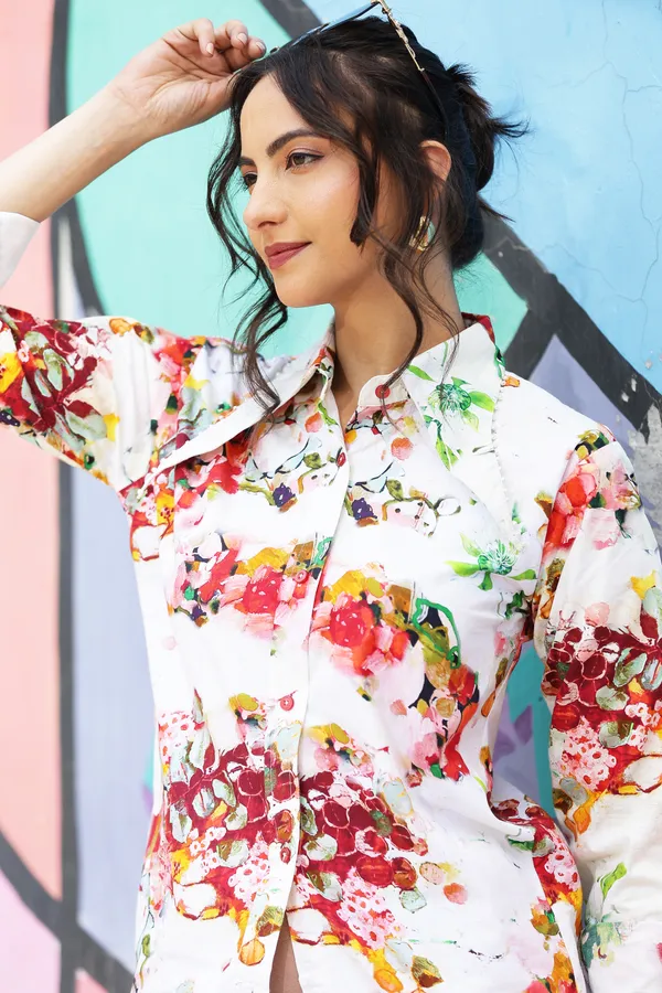 White_Cotton_Floral_Print_Shirt_And_Shorts_Set_For_Women