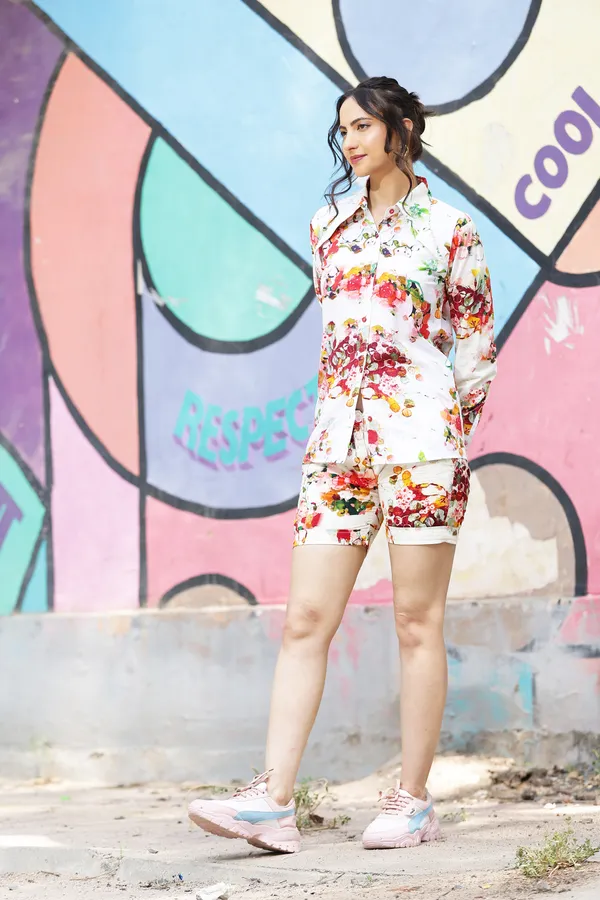 White_Cotton_Floral_Print_Shirt_And_Shorts_Set_For_Women