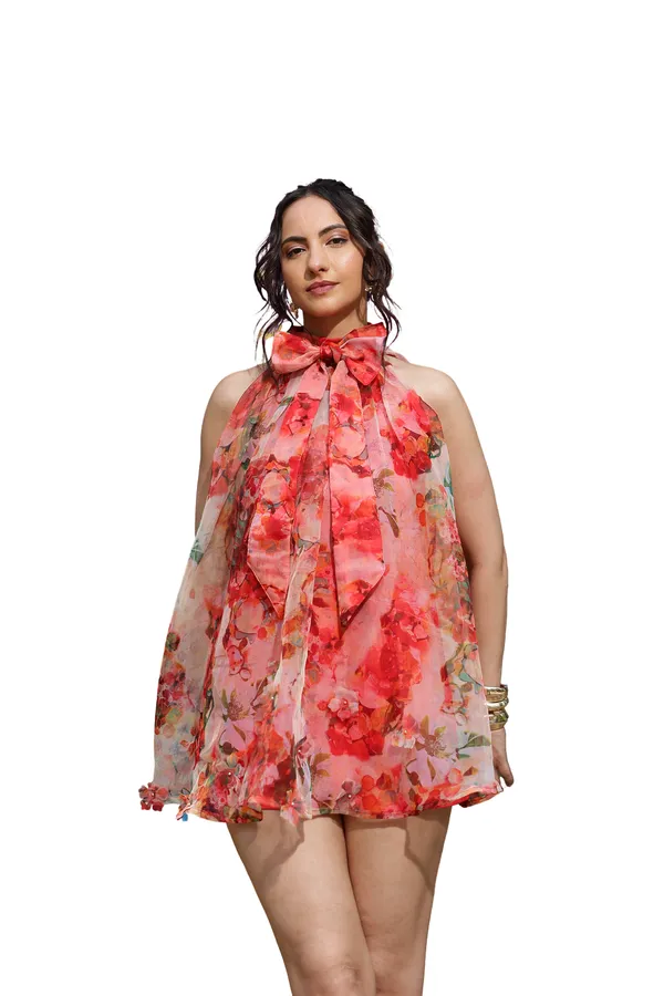 Pink_Organza_Floral_Print_Halter_Neck_Mini_Dress_For_Women