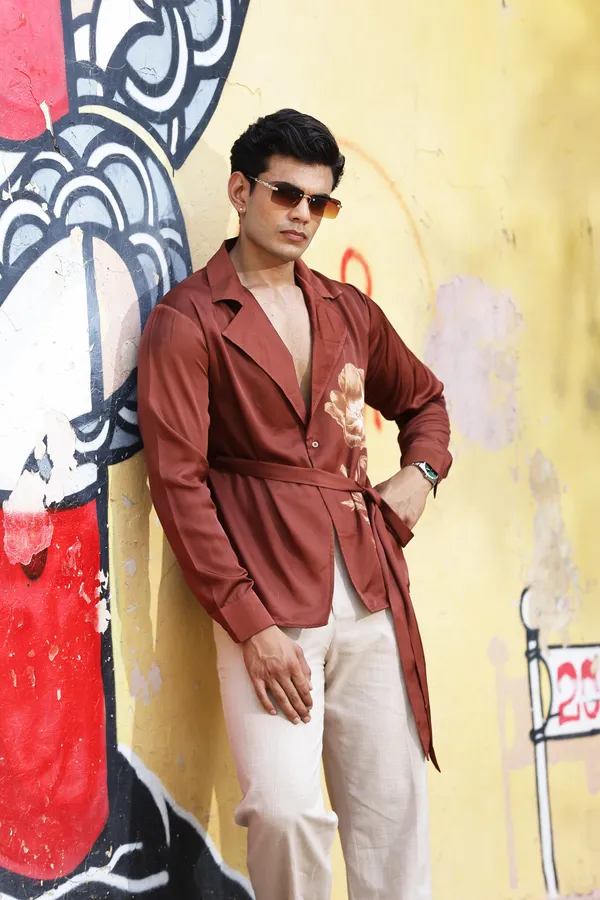 Brown_Satin_Relaxed_Fit_Wrap_Around_Shirt_For_Men